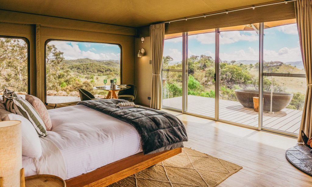Luxury glamping tent at dusk near Mudgee, NSW